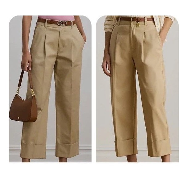 Lauren Ralph Lauren Pants - Lauren Ralph Lauren Khaki Pleated Wide Leg Cuffed Trousers Pants Tan Womens 16